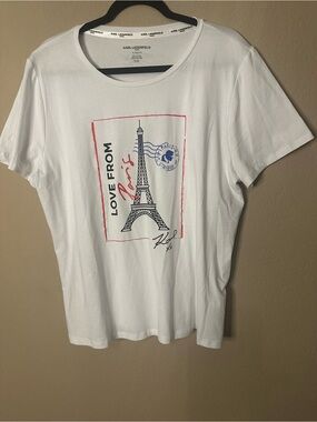 Karl Lagerfeld White Tee with Black Tag & Red Accent